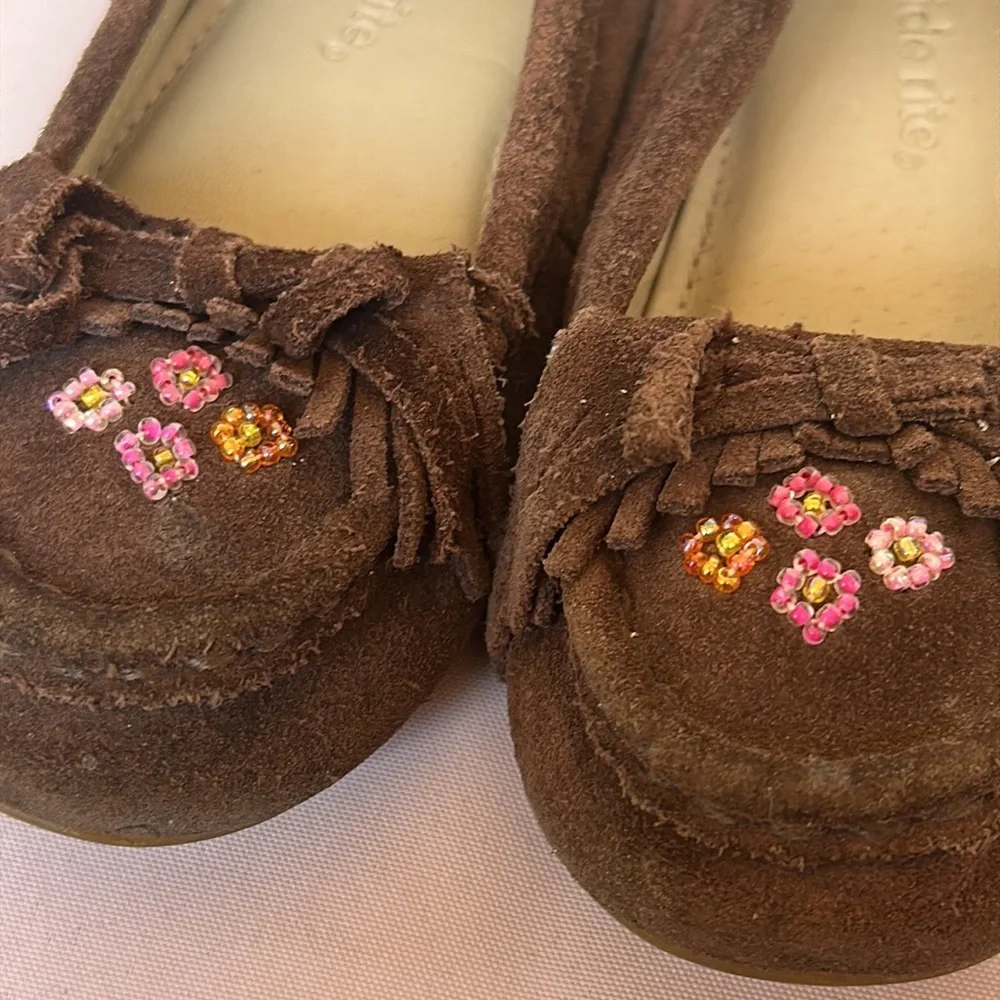 Stride Rite Keller Toddler Girls 9M Brown Suede Moccasins Pink Beaded Fringe